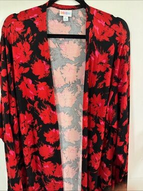 LuLaRoe Black, Sarah Cardigan with Red & Pink Floral Print
